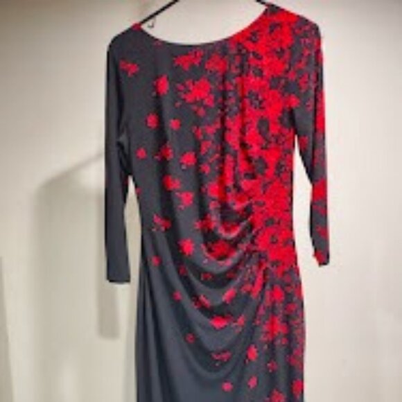 ANNE KLEIN RED AND BLACK LONG SLEEVES RUCHED FORMALMIDI DRESS WOMEN'S SIZE 8 - Picture 1 of 14